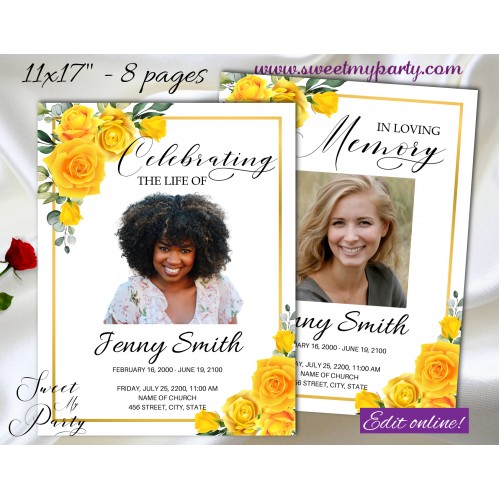 Yellow Roses Funeral Program 11x17" 8 pages,Yellow Roses Memorial Service Program Tabloid,(0-001f)